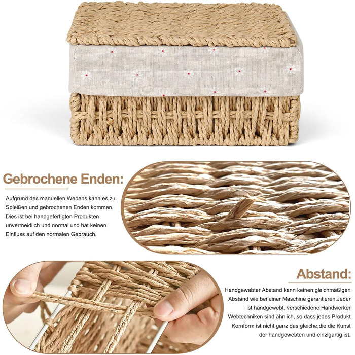 Набір кошиків для зберігання з 3 шт. , кошики для зберігання з кришками, плетені з паперової мотузки, кошики в стилі бохо з підкладкою, багатофункціональна коробка для зберігання іграшок, туалетного приладдя, туалетного паперу, хакі