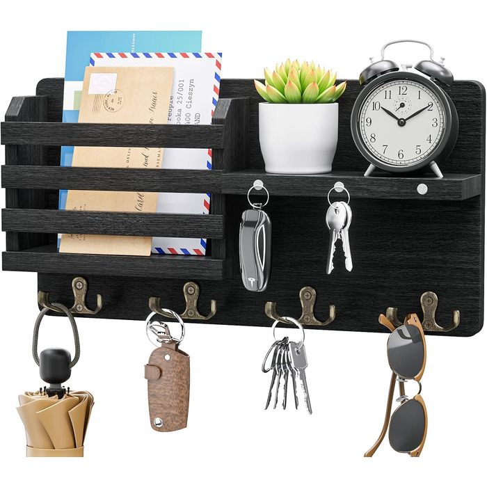 Ключниця - Ключниця на магніті, ключниця з 4 подвійними гачками для ключів, декоративна ключниця з дерев'яною поличкою для входу,