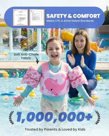 Дитячий плавальний жилет Gogokids з крильцями для плавання для дітей віком 15-30 кг, сертифікований засіб для плавання EN 13138-1 для дітей віком 2-6 років, плавальна локшина для малюків з крильцями для басейну, пляжу та плавання, світло-рожевий