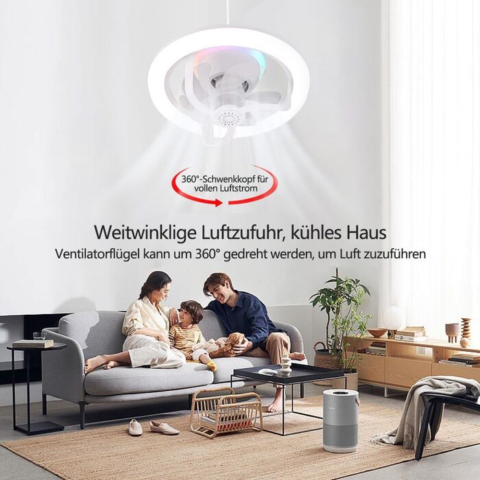 Стельовий вентилятор з лампою E27, стельовий вентилятор RGB з лампою та пультом дистанційного керування, вентилятор для патрона E27, тихе обертання на 360, 16 колірних температур, 3 швидкості, вентилятор потужністю 50 Вт, новий стиль