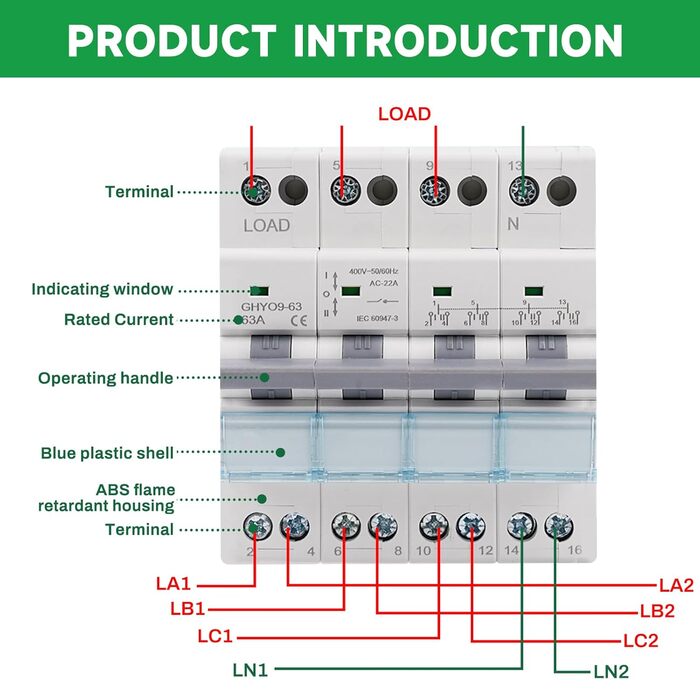 Ручний вимикач подвійного живлення AC 400V з індикатором живлення, монтаж на DIN-рейку. 4P-63A-400V, 4P 63A