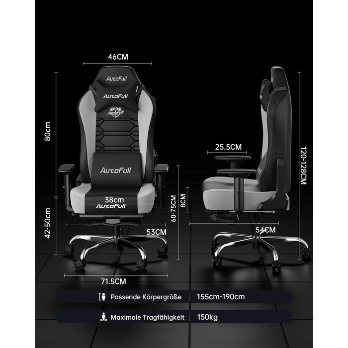 Ергономічне ігрове крісло AutoFull C3 Ігрове крісло з 2D підлокітниками, підставкою для ніг, підголівником та поперековою опорою Вантажопідйомність 150 кг Зручний тканинний чохол (чорний та білий)