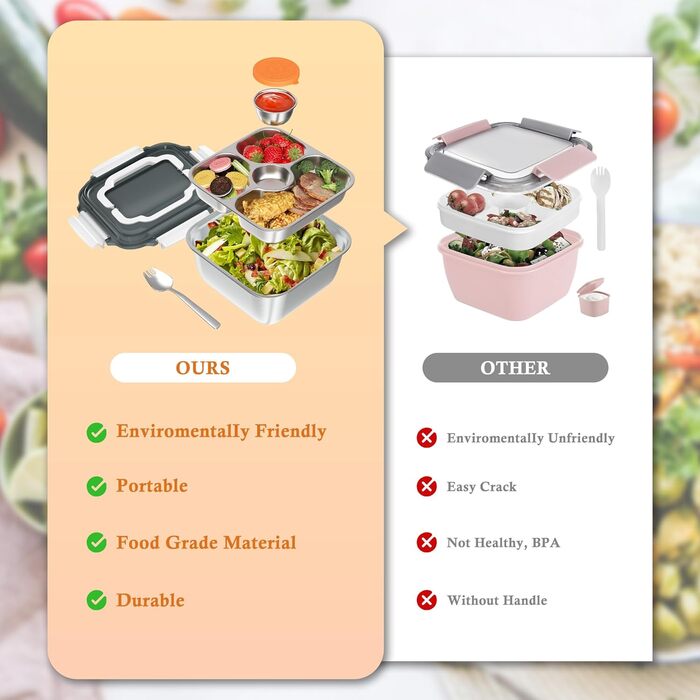 Ланчбокс для дорослих OCPO Kitchen 1892 мл, нержавіюча сталь 304, з роздільниками та контейнером для соусу, для салату, можна мити в посудомийній машині, з виделкою, для роботи/школи/пікніка (Білий)