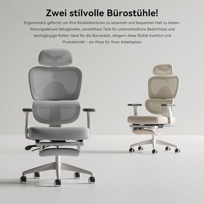 Ергономічне офісне крісло MUSSO E600SE, 3-рівневе регулювання поперекової опори, 3D-регульовані підлокітники та підголівник з підставкою для ніг, адаптоване для жінок, підтримка хребта під час сидіння (бежевий)