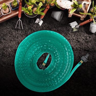 Шланг для поливу Relaxdays, 20 м, для грядок та живоплотів, плоский, готовий до підключення, з розпилювачем, зелений