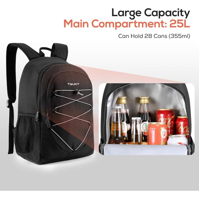 Рюкзак-холодильник TOURIT 25L, водонепроникний, надлегкий, для пікніків, кемпінгу, походів, барбекю, чорний