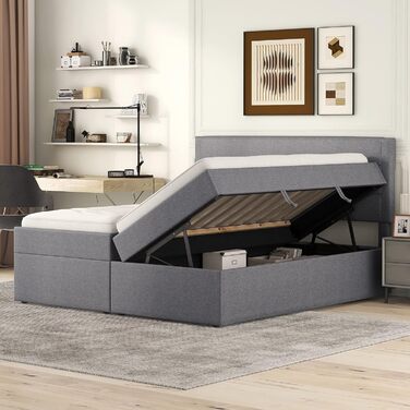 Ліжко з пружинним блоком 140x200 з ящиком для зберігання речей, м&39яке двоспальне ліжко з рейковим каркасом, ліжко, ліжка, каркас ліжка з місцем для зберігання речей, повний спальний гарнітур, ліжко з місцем для зберігання речей (сіре, двоспальне ліжко 1