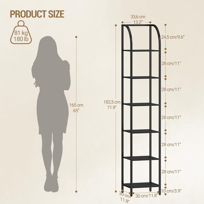 Полиця Hzuaneri, книжкова шафа, 6-ярусна полиця, полиця для DVD, вузькі полиці, офісна полиця в індустріальному стилі, металевий каркас для вітальні, спальні, кухні, чорна BC56004B 30 x 33,6 x 182,5 см чорна