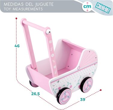 Дерев'яна, 26,5 x 39 x 46 см, рожево-біла, з колесами, для ляльок від 30-40 років, коляска для дитячих іграшок 3 роки, коляска для