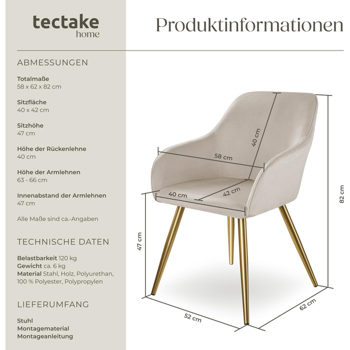 Обідній стілець tectake, зручне крісло, м&39яке крісло, коктейльне крісло з оксамитової тканини, крісло для відпочинку для вітальні, їдальні, сучасні кухонні стільці, офісне крісло - сіро-коричневий/золотий 1 стілець сіро-коричневий/золотий