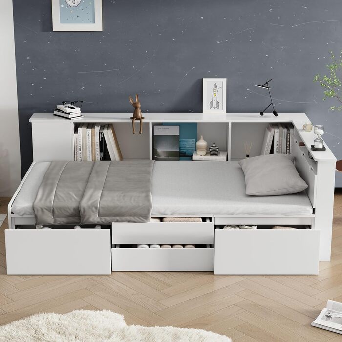 Односпальне ліжко Aoskem дитяче ліжко ліжко 90x200 ліжко з ящиками для зберігання та шафою для зберігання та книжковою полицею, де