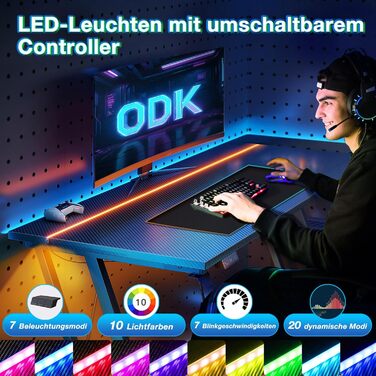 Ігровий стіл ODK 80 x 50 см зі світлодіодним підсвічуванням, ігровий стіл з підставкою для чашок та гачком для навушників, дизайн з подвійною Z-подібною рамою, невеликий комп&39ютерний стіл, чорний колір з вуглецевого волокна, 80 см, чорний колір з вуглец