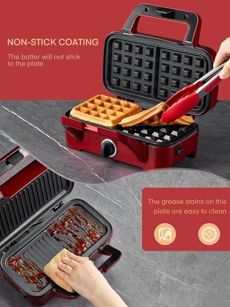 Бутербродниця 3 в 1, вафельниця 1200 Вт/контактний гриль/тостер для сендвічів, 5-швидкісний контроль температури, набори пластин Coater з антипригарним покриттям, термоізольована ручка, можна мити в посудомийній машині, світлодіодні лампи, червоний