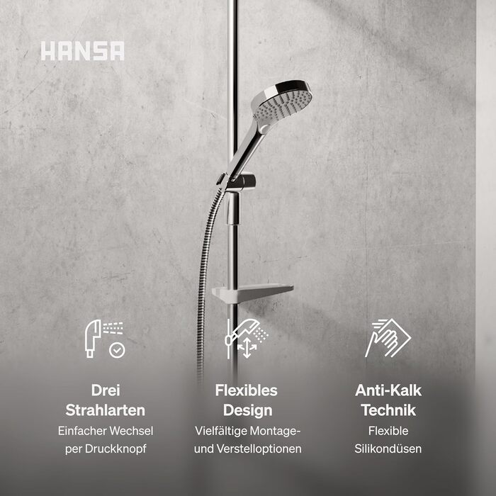 Душовий набір HANSA VIVA Душова лійка зі шлангом та штангою 77 см 3 режими струменя Тримач для лійки та мильниця Комплект без змішувача, хром