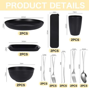 Набір посуду для кемпінгу з нержавіючою сталлю, міцний пластиковий посуд, легкий, яскравий та багаторазовий для пікніків, барбекю та саду, придатний для миття в посудомийній машині, чорний