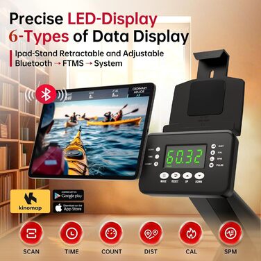 Домашній гребний тренажер, гребний тренажер з пневматичним та магнітним опором з 10 рівнями опору, велотренажер для користувачів до 158 кг, тиха подвійна рейка, світлодіодний монітор Bluetooth з тримачем для планшета, чорний BW7