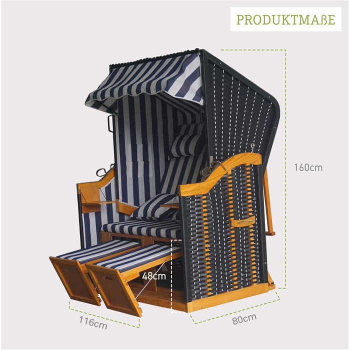 Пляжне крісло атмосферостійке Sylt Оптимальний комфорт сидіння завдяки регульованій спинці, підніжкам і даху Пляжне крісло 2-місне виготовлене з FSC-сертифікованої деревини Подушка синя і біла смугаста