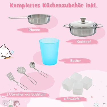 Дитяча кухня DREAMADE з дерева з аксесуарами, дитяча ігрова дерев'яна кухня з плитою, посудомийною машиною, морозивом, холодильником з дошкою, ігрова кухня для хлопчиків та дівчаток від 3 років (рожева)