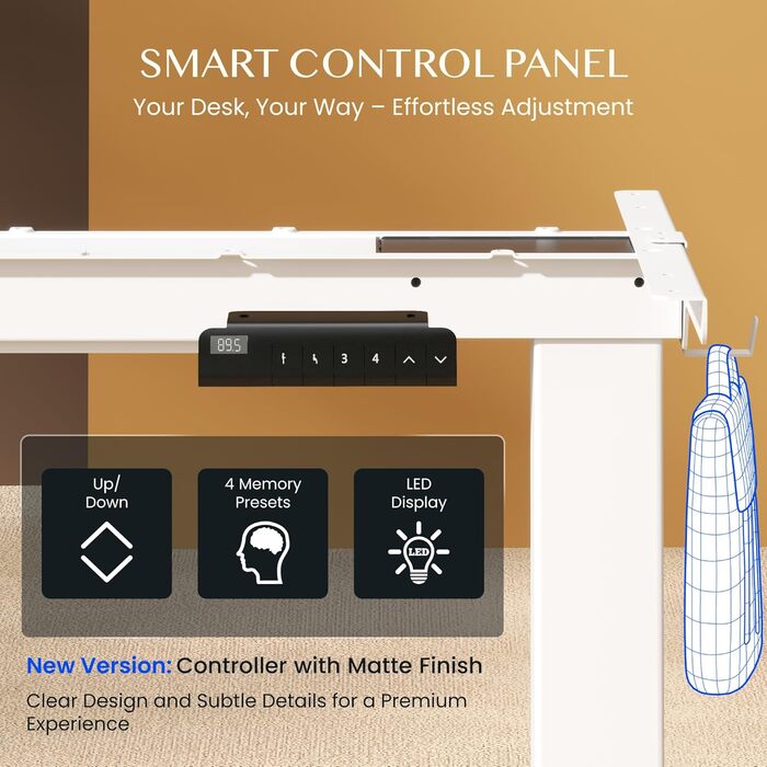 Каркас столу FLEXISPOT з регулюванням висоти, електричні ніжки столу з 2 двигунами, світлодіодним індикатором висоти та 4 функціями пам&39яті, включаючи 2 гачки та органайзер для кабелів, білий. Каркас столу E1 PRO нова версія, елегантний білий.