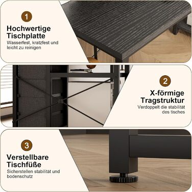 Г-подібний письмовий стіл Devoko з 4 тканинними шухлядами, двосторонній кутовий стіл з 2 розетками та 2 USB-портами, Г-подібний комп&39ютерний стіл для домашнього офісу, чорний, 140x80 см