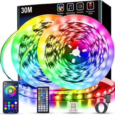 Світлодіодна стрічка Keepsmile 30 м, RGB світлодіодна стрічка з пультом дистанційного керування та Bluetooth APP, налаштування тай