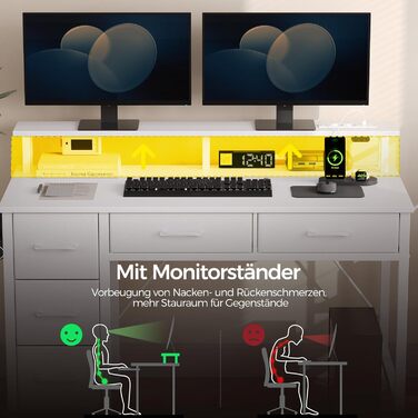 Комп&39ютерний стіл Seventable з розетками та світлодіодним освітленням, ігровий стіл 100 см з 5 шухлядами, ігровий стіл з підставкою для монітора, для офісу, кабінету, спальні, вітальні, білий 100 см