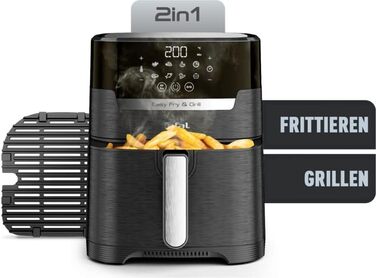 Аерофритюрниця Tefal EY5058 Easy Fry & Grill Технологія 2-в-1 (фритюрниця та гриль) Цифровий дисплей 4,2 літра на 6 порцій 8 програм приготування енергозберігаючі без масла Чорний, XL з дисплеєм без віконця Чорний
