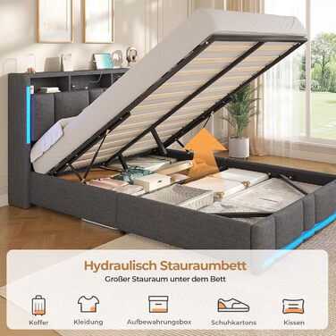 М&39яке двоспальне ліжко 140x200 з ящиком для зберігання, гідравлічне ліжко з місцем для зберігання зі світлодіодним освітленням та розетками, ліжко 140x200 см з узголів&39ям для зберігання, рейковий каркас, льон, темно-сірий (без матраца) 140 x 200 см те
