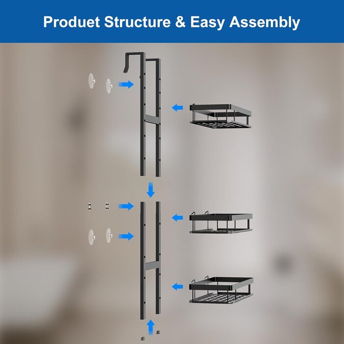 Полиця для душу навісна, органайзер для ванної кімнати без свердління на стінку душу з 3 кошиками для шампуню (Чорний, 3-ярусна)
