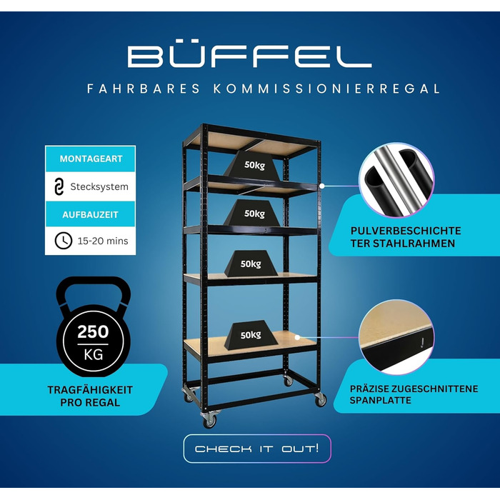 Комплектувальний візок BUFFALO Мобільний комплектувальний стелаж 192x90x50 см 5 полиць Навантаження на полицю 50 кг 2 шт. поворотні ролики та 2 шт. поворотні ролики з фіксуючим гальмом Чорна полиця на колесах Комплект візків для полиць з 2 предметів - 192