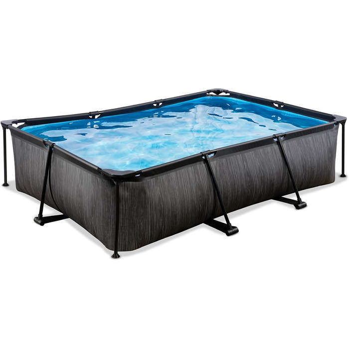 Басейн EXIT Toys Black Wood Pool - 300x200x65 см - Прямокутний, компактний каркасний басейн з картриджним фільтруючим насосом - Легкий доступ - Підходить для маленьких дітей - Міцний каркас - Унікальний дизайн - Чорний