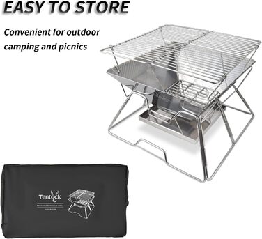 Портативний гриль на деревному вугіллі Tentock, гриль для пікніка, кемпінговий складаний гриль, нержавіюча сталь, відкритий плоский гриль для барбекю, вітрозахисний кемпінговий гриль з сумкою для перенесення для саду, походів, пікніка, риболовлі, срібляст