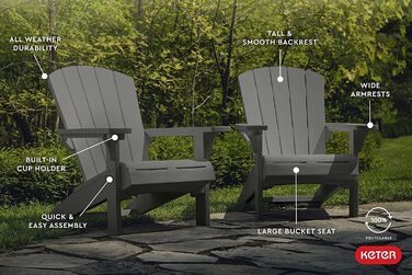 Крісло Keter Alpine Adirondack, вуличне пластикове садове крісло з підсклянником, сірий, стійкий до погодних умов, американський дизайн класичний, для саду, патіо та балкона, 93 x 81 x 96.5 см сірий суцільний