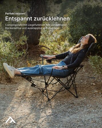 Кемпінгове крісло qeedo Johnny Relax з функцією відкидання, вантажопідйомність до 105 кг, розкладне крісло з підставкою для ніг, тримачем для напоїв та відділенням для охолодження, зручне, регульоване рибальське крісло або крісло для фестивалю, темно-сіри