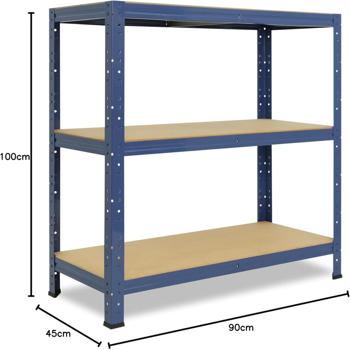 Надміцний стелаж для дому, синій/металевий стелаж з 3 полицями/стелаж для підвалу, стелаж для гаража, стелаж для майстерні або стелаж для зберігання/металевий стелаж без болтів, вантажопідйомність 175 кг, В 100см / Ш 90см / Г 45см, 100x90x45