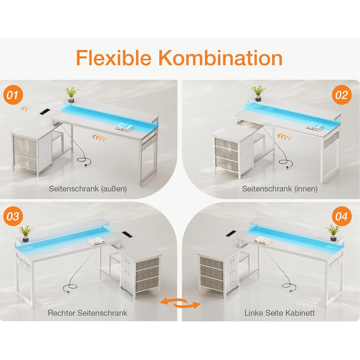 Г-подібний письмовий стіл ODK з шухлядами, кутовий стіл 174x100 см, білий з перевернутою полицею, ігровий стіл зі світлодіодним підсвічуванням та підставкою для монітора, комп&39ютерний стіл, офісний стіл для кабінету або спальні, 174x100 см, білий
