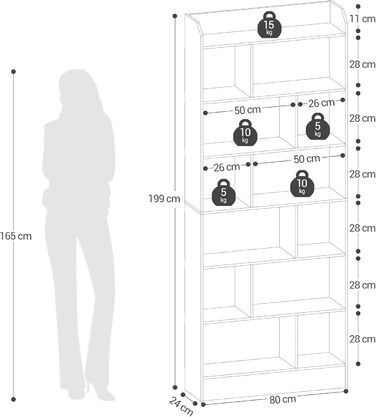 Книжкова полиця Hzuaneri, з 7 полицями, полиця для зберігання, окремостояча полиця, для вітальні, офісу, спальні, 24 x 80 x 199 см, білий BC32803 шт. Білий 24 x 80 x 199 см