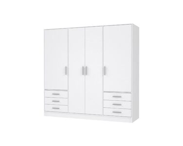 Шафа 200 210, біла шафа, шафа з орними дверима, 4 двері, з 6 шухлядами та полицями, чорно-білий колір, 206,5 см завширшки x 60 см завглибшки x 200 см заввишки. Біла 206 x 200 x 60 см, 4 двері