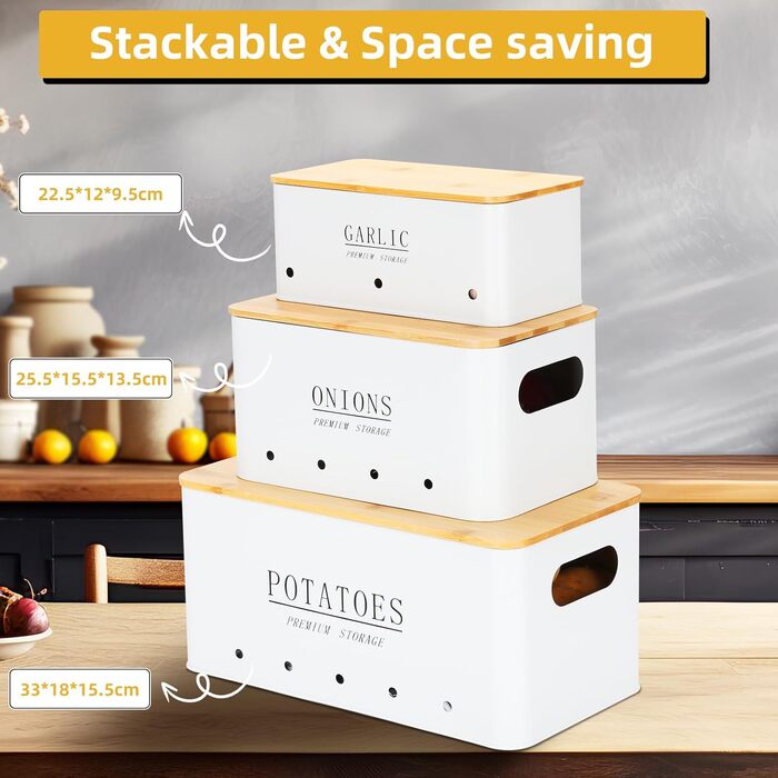 Ящик для зберігання картоплі - Комплект із 3 предметів - Зберігання картоплі, цибулі та часнику - Довше зберігає овочі свіжими - Горщик для картоплі, горщик для цибулі та горщик для часнику - Білий
