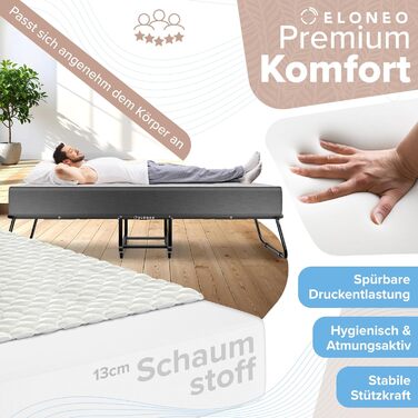 Розкладне ліжко ELONEO 90x200 см, включаючи преміум-матрац Розкладне гостьове ліжко, вантажопідйомність до 250 кг Розкладне дорожнє ліжко з металевим каркасом та транспортними колесами Настінне ліжко, включаючи захисний чохол, розкладне ліжко 90x200 см з 