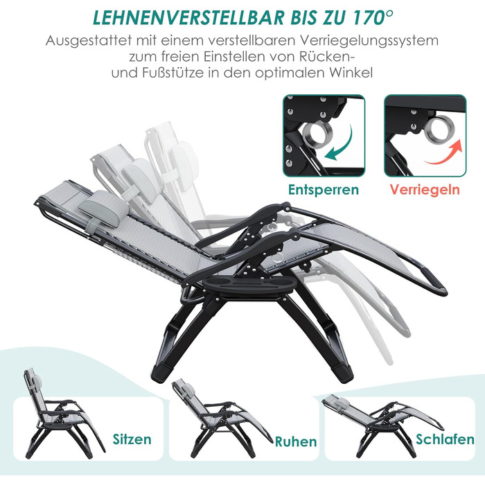 Складаний шезлонг з парасолькою, підголівником та тримачем для напоїв для саду, басейну та пляжу (сірий)