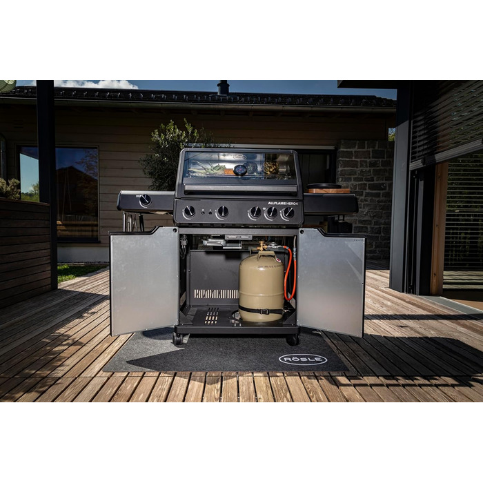 Газовий гриль RSLE ALLFLAME Hero 4 4 пальники (по 3,5 кВт), PRIMEZONE, BACKBURNER, робоча поверхня 70x45 см, чавунні решітки, алюмінієве лиття, кришка зі скляною вставкою, підсвічування ручок, чорний