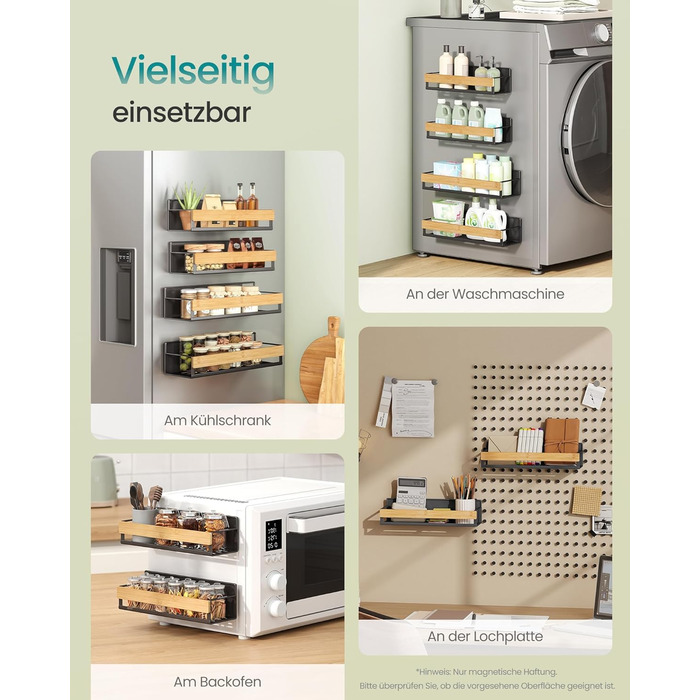 Магнітна полиця для спецій SONGMICS, набір з 4 шт. , 2 великі та 2 малі полиці, органайзер для спецій без свердління, магнітна полиця, для кухні, холодильника, мікрохвильової печі, пральної машини, чорно-натуральний бежевий KCS062BH01 чорно-натуральний бе