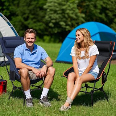 Складане кемпінгове крісло з високою спинкою, вантажопідйомність 150 кг, надлегке портативне складне крісло з підголівником та 2 боковими кишенями, компактне складне рибальське крісло з сумкою для перенесення для кемпінгу, пляжу, активного відпочинку та п