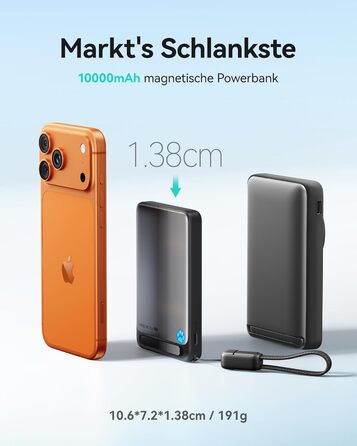 Найтонший магнітний портативний зарядний пристрій ємністю 10000 мАг, сертифікований Qi2, потужністю 15 Вт, надшвидкі зовнішні акумулятори для телефону потужністю 45 Вт з кабелем USB-C, портативний зарядний пристрій із підставкою лише для iPhone 17, 16, 15