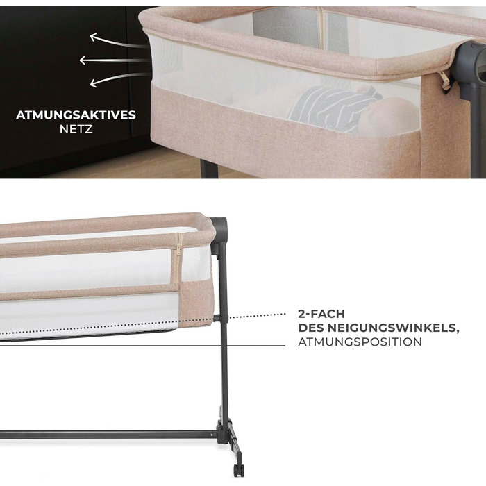 Приліжкове ліжечко 2-в-1, дорожнє ліжечко з матрацом та простирадлом, 5-рівневе регулювання висоти матраца, 4 колеса з гальмами, м&39який матеріал, легка конструкція, бежевий Nestee Beige, 2