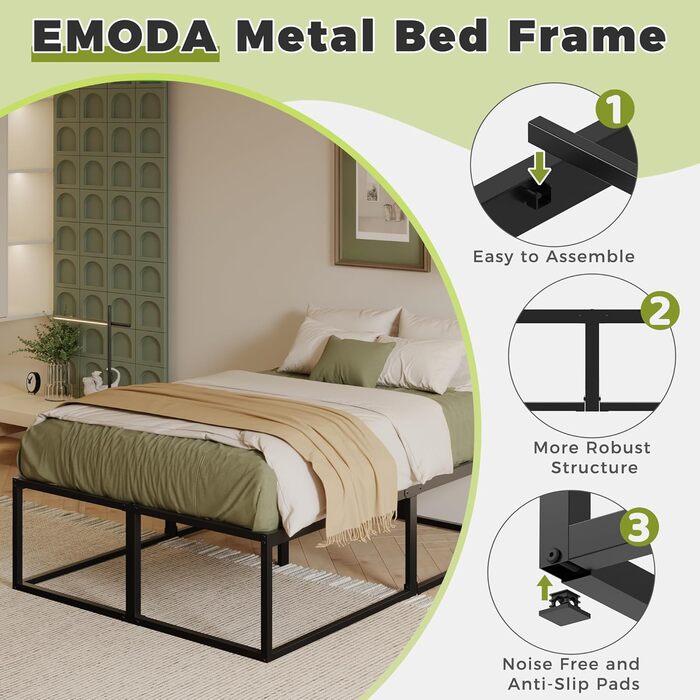 Двоспальне ліжко заввишки 46 см 120x200 см, міцне металеве ліжко зі сталевими ґратчастими опорами, великий простір для зберігання під каркасом ліжка, безшумне, легке складання, чорний колір 120 x 200 см