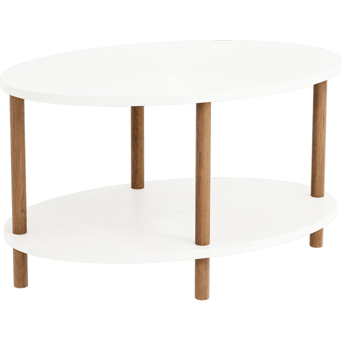 Журнальний столик Højreby, овальний диван-столик з 1 полицею, вітальня, 70 x 44 x 43 см, ніжки з бука, білий