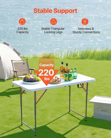 Розкладний фуршетний стіл VEVOR, портативний універсальний стіл, 122 см, прямокутний пластиковий стіл з регульованою висотою та вбудованою ручкою, садовий стіл, кемпінговий стіл для вечірок, пікніків, кемпінгу, білий, 1220 x 600 x 740 мм