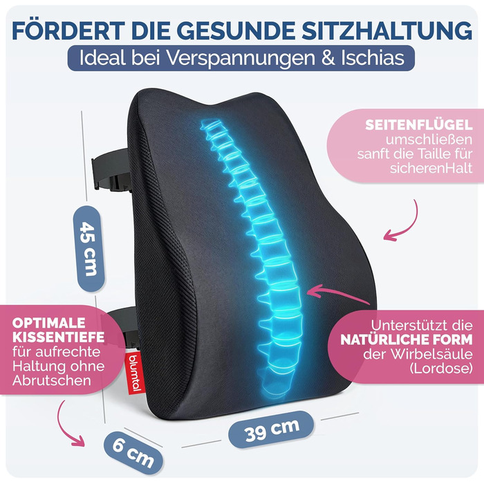 Ергономічна спинка Blumtal з піни з ефектом пам&39яті - підтримуюча поперекова подушка чохол, сертифікований OEKO-TEX - спинна подушка із застібкою - опора для спини - подушка для опори спини - поперекова подушка